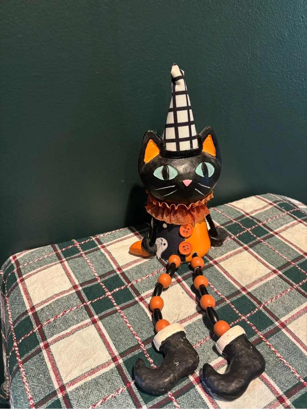 Black and Orange Halloween Cat Shelf Sitter Figurine with Hat